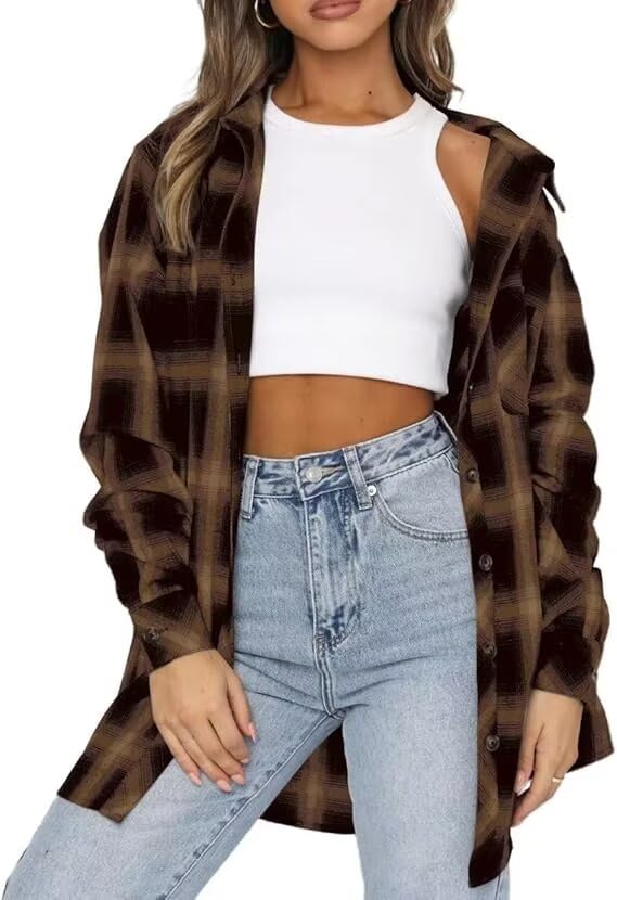 Womens Flannel Checked Shirts Long Sleeve Oversized Buffalo Plaid Shirt Collar Button Down Blouses Tops
