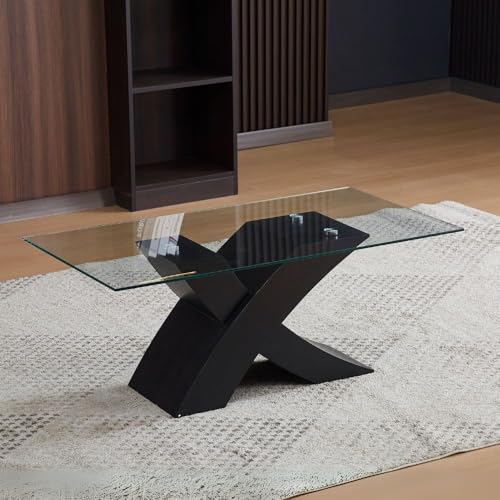 Tavolino da Salotto Shiva Piano in Vetro e Base Nera a Incrocio 110x60x45H