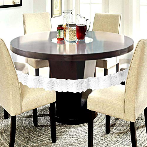 Blue Grass PVC Bordered Round Transparent 4 Seater Dining Table Cover with White Lace (60 Inches)