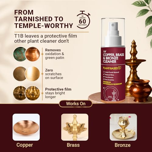 Image of T1B | India's 1st Concentrated Plant-Based Copper, Brass & Bronze Cleaner Spray | Tarnish, Oxidation & Stain Removal | Suitable for Utensils, Idols, Diyas, Cookware 150 (Pack of 2)