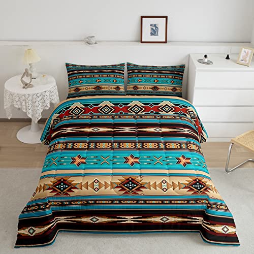Aztec Bedding Set Ethnic Tribal Arrow Queen Comforter Set,Vintage Southwestern Native Bohemian Quilt,Western Star Duvet Insert Exotic Geometric Diamond Stripes Room Decor,Teal Blue and Brown