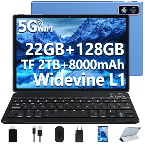 DEERTiME 2026 Neueste Tablet 10 Zoll Android Tablet,22GB RAM+128GB ROM/1TB TF, Octa-Core, 2.0GHz,5G+2.4G WiFi, BT 5.0, 8000mAh, Widevine L1,8+5MP, AGPS, 2 in 1 Tablet PC Mit Tastatur und Maus - Blau