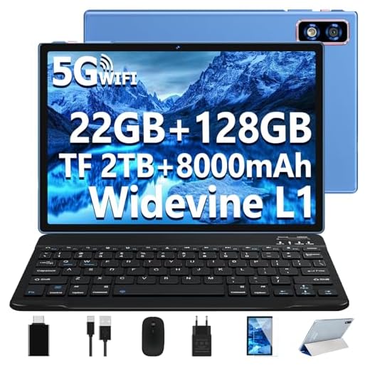 2025 Neueste Tablet 10 Zoll Android 14 Tablet, 22GB RAM+128GB ROM/1TB TF, Octa-Core, 2.0GHz,5G+2.4G WiFi, BT 5.0, 8000mAh, Widevine L1,8+5MP, AGPS, 2 in 1 Tablet PC Mit Tastatur und Maus - Blau