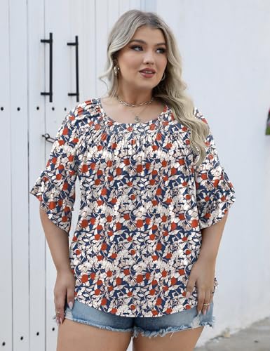 Image of Micoson Womens Plus Size Tops 3 /4 Ruffle Sleeve Crewneck Pleated Shirts