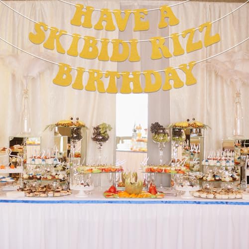 Have a Skibidi Rizz Birthday Banner Happy Skibidi Birthday Banner Funny Zoomer Bday Decorations Gold Glitter by Yochamc - Used condition - Image 6