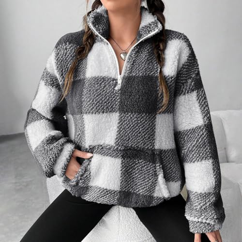 Sherpa Sweatshirt Women Long Sleeve Oversized Plaid Quarter Zip Pullover - image 2