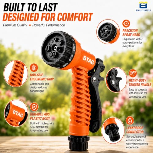 Image of Btag 7-Pattern Garden Spray Gun Hose Nozzle with Adjustable Trigger Handle, Water Spray Nozzle for Car Wash, Lawn & Garden Watering - with Orange Connector (SPRAY001 Orange)