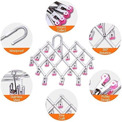 Stainless Steel Drying Rack, Foldable Portable Windproof Drip Hanger With 18 Pegs for Underwear Socks Bra Panty Gloves, Quickly Remove Clothes, Red