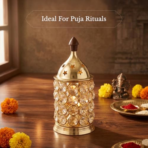 Image of Shubhkart Nitya Crystal Deep Brass Diya | Crystal Oil Lamp Diyas | Brass Table Deepak Oil Lamp Medium Size Akhand Jyoti for Home Temple Diwali Home Decoration (6 Inch Height, 3 Inch Length) - 234 GMS