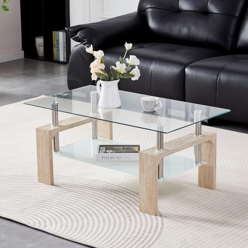 Kebynti Coffee Table - Rectangle Glass Coffee Table with Simple and Classical Inspired Design, Easy Assembly for Modern Living, 39.5 * 23.5 * 17.5 inches (Yellow Stone)
