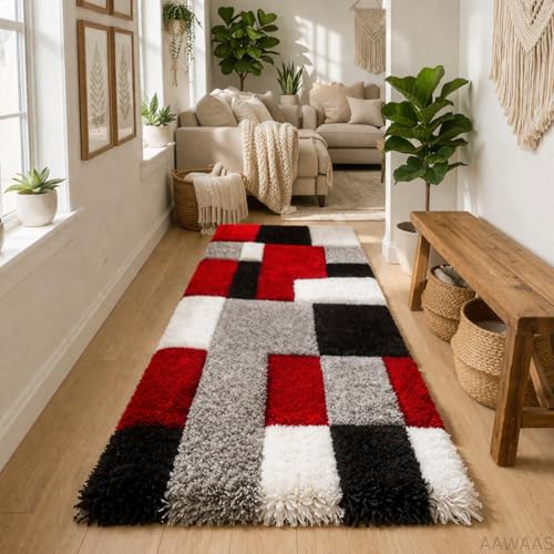 Image of Xenluxe 3D Shaggy Polyester Carpet Rug Runner Area Mats for Bedroom /Living Area /Home with Anti Slip Backing Soft /Fluffy Hight Pile - (3D Red B, 2x10 feet)