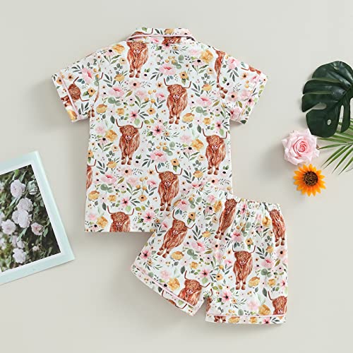 Baby Boy Girl 2Pcs Pajamas Set Western Cow Print Short Sleeve Button Down Shirt Elastic Shorts Lounge Set Sleepwear3