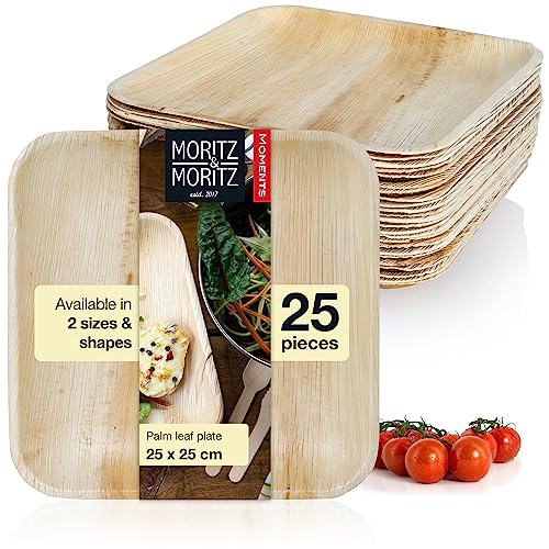 Moritz & Moritz 25x Disposable Palm Leaf Plates - Square Disposable Plates 25x25cm - Biodegradable Compostable Eco Friendly Disposable Plates - Like Paper, Wooden or Bamboo Plates