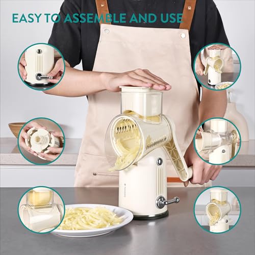 Navaris Rotary Cheese Grater w/ 5 Blades - Kitchen Vegetable Shredder for Cabbage, Carrot, Coleslaw, Cucumber - Handheld Food Slicer Graters - Retro Design with Storage Box, Cream - 6