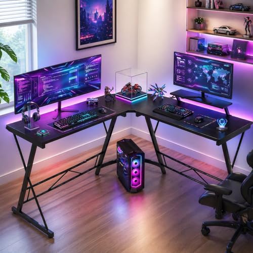 Bellivor L Shaped Gaming Desk 130x130cm Corner Computer Desk with Monitor Stand Space-Saving Workstation with Sturdy Frame for Gaming Room Home Office