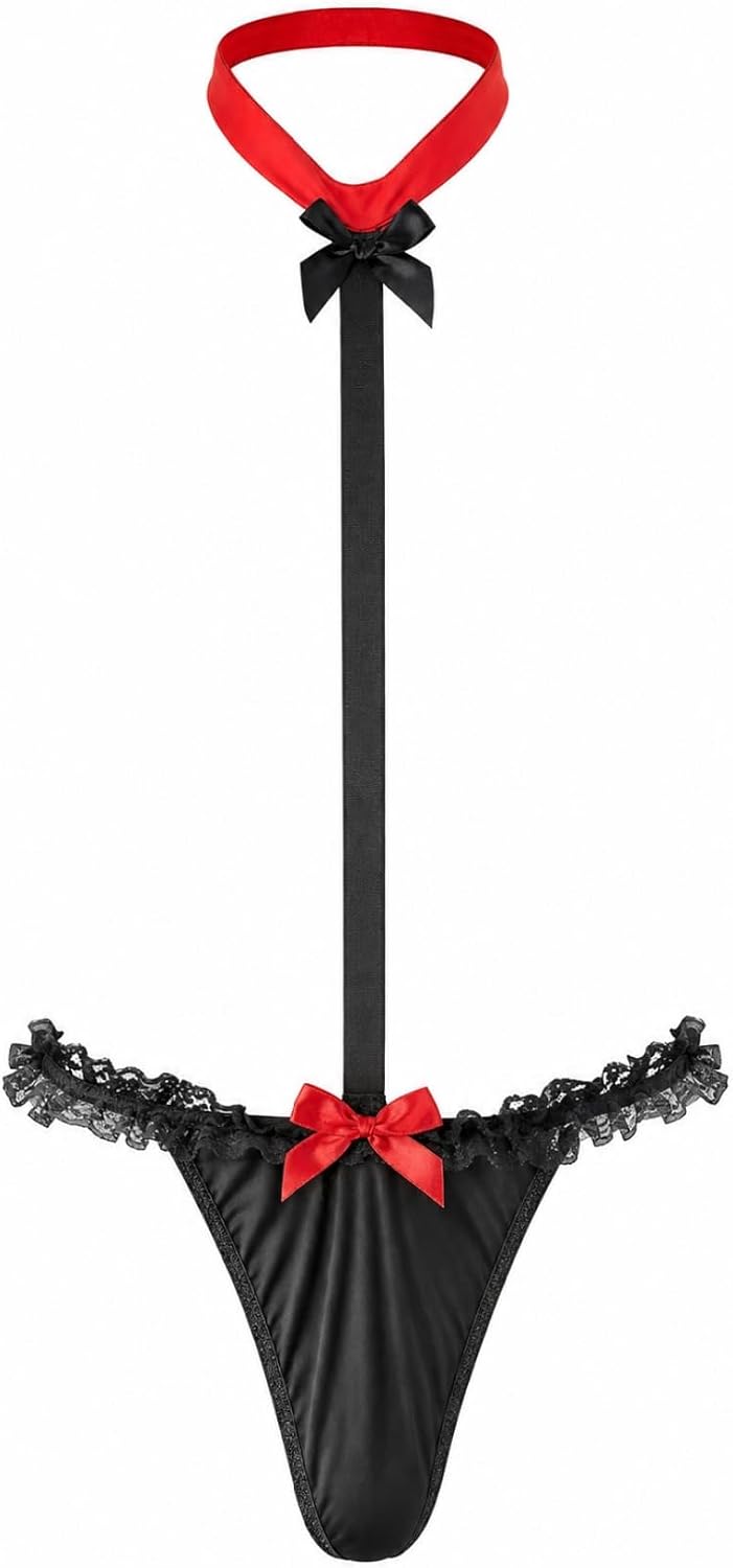 Munyee Hua Mens Lingerie Bunny Costume for Men, Sexy Male Lingerie Thong Underwear, G String with Bow Tie Collar Lace Waist Rabbit Tail Role Play Outfit Black and Red