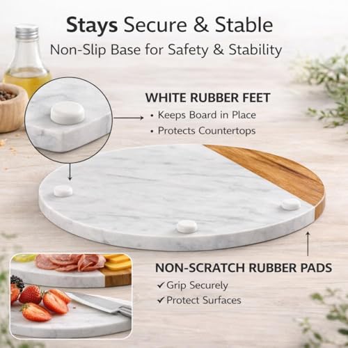 Image of White Round Marble Serving Board | Acacia Wooden, For Charcuterie, Cheese, Meats, Fruit, Crackers, Cheese Board, Cutting Board
