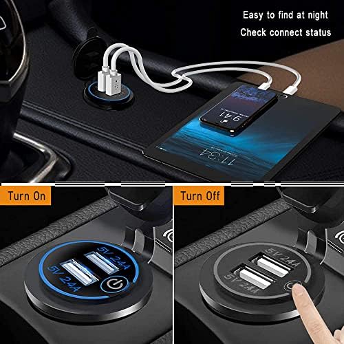 2 Pack USB Car Charger Socket 4.8A Dual USB Car Charger Adapter Output with Touch Switch, Waterproof Dustproof Car Plug Outlet with Blue Light for 12V/24V Car Boat Motorcycle RV Truck