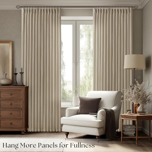 Image of Light Brown Pinch Pleated Semi Sheer Linen Rustic Curtains 96 Inch Long | Farmhouse Cottage, Light Filtering Privacy, Living Room Bedroom Dining Room, Burlap Textured, Hook Rings Memory Shape, Camel