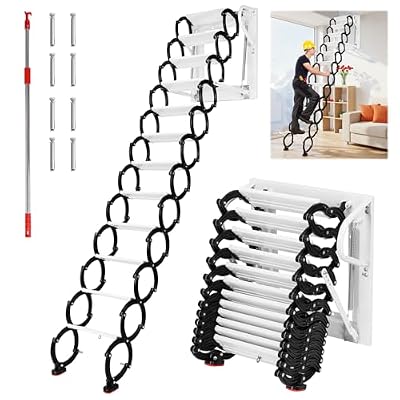 12 Steps Attic Ladder Pull Down System, 138" H Thicken Wall-Mounted Retractable Attic Stairs with 2 Handrails, Telescoping Access Ladder with Anti-Slip Steps, Folding Attic Staircase for Home Indoor