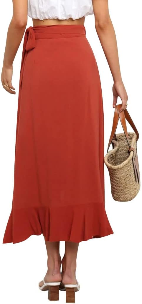 Ezcosplay Women Ruffle Wrap Skirt Tie Waist Boho High Low Asymmetrical Midi Beach Skirt - Image 4