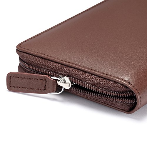 Image of HISCOW Leather Checkbook Cover, Zippered Wallet with Card Slots, Brown | Full grain cowhide, 5cc & ID window, personal check book & register pockets, removable duplicate divider, women secure zipper