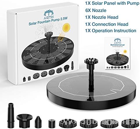 AISITIN Solar Fountain 2.5W Solar Water Fountain with Solar Panel Solar Pond Pupme with 6 Fountain Nozzles Solar Floating Fountain Pump for the Garden, Bird Bath, Fish Tank