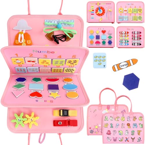 Image of HawHawToys 8 in 1 Toddler Busy Board, Toddler Busy Book for 1 2 3 4 Year-Old Girl Birthday Gifts, Sensory Activity Board for Preschool Basic Learning, Busy Books for Travel Quiet Busy Books Toys