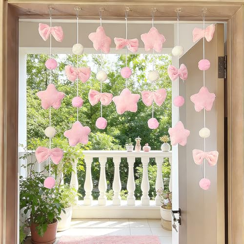 Image of HASTHIP 7Pcs DIY Pink Plush Hanging Garland Set with Suction Cups, Stringed Decorative Door Hanging Ornament, Soft Star Bow & Pom-Pom Decorative Garlands, Pastel Nursery Door Decor