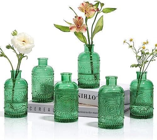 ComSaf Glass Bud Vases Set of 6, Small Clear Bud Vases in Bulk, Mini Vintage Decorative Bottles, Modern Floral Centerpiece for Flowers, Wedding Recepetion, Home Decor, Housewarming Gift (Green)
