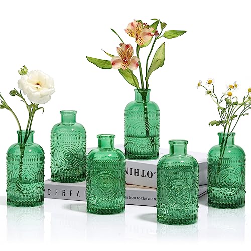 Comsaf Glass Bud Vases Set Of 6, Small Clear Bud Vases In Bulk, Mini Vintage Decorative Bottles, Modern Floral Centerpiece For Flowers, Wedding Recepetion, Home Decor, Housewarming Gift (Green) #TOP28