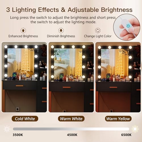 FIONESO Makeup Vanity Desk with Mirror & Lights, Vanity Desk with 4 Drawers & Charging Station, Dressing Vanity Table with Open Storage Shelves, 3 Color Modes, Vanity Table for Bedroom, Black - Thumbnail 4