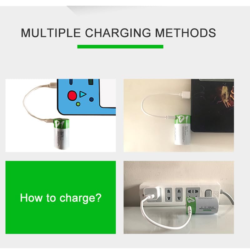 Image of KP Original Battery Rechargeable D Batteries 1.5V 12000Mwh USB Lithium Ion with USB Type C Charging Cable, Fast Charge, 1200 Cycles Constant Output, Over-Charge Protection (D-Cell Pack of 1)