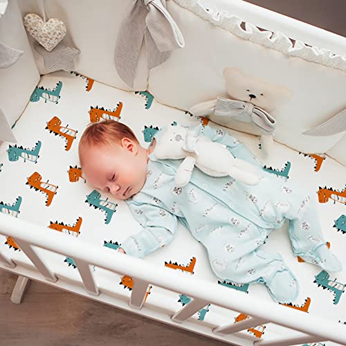 Image of Gllquen Baby Bassinet Sheets 4 Pack, Breathable Cozy Fitted Mattress Sheet | 32 inchx16 inch Soft Baby Sheets for Boys Girls, Compatible with Halo, Snoo, Uppababy, Universal fitted,Baby Gift, Dinosaur