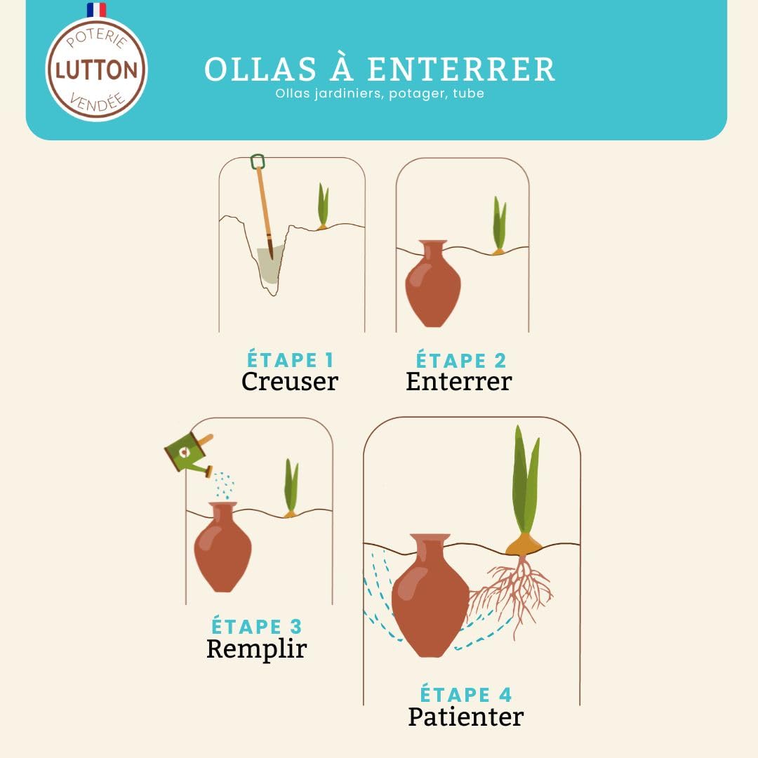 Ollas Lutton Olla Terre Cuite Tube à Enterrer 3L | Arrosage Autonome pour Plantes d'Extérieur Ecologique & Economique | Système d'Irrigation Naturel | Autonomie 5 Jours | OYA Terracotta