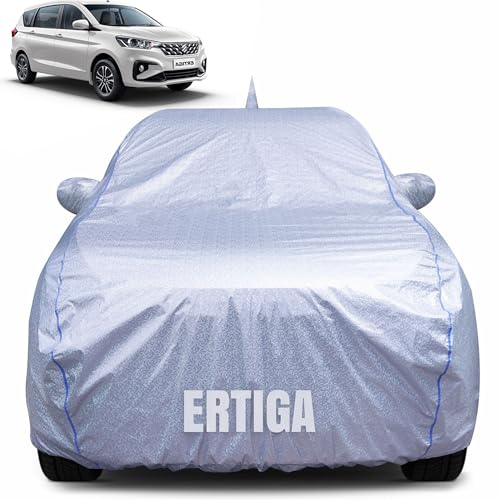 Image of 100% Waterproof Car Body Cover for Maruti Suzuki Ertiga (2012-2024) with Mirror Pocket, Heat & UV Resistant, Triple Stitched, Soft Lining, Bottom Elastic & Piping (Silver Reflective)