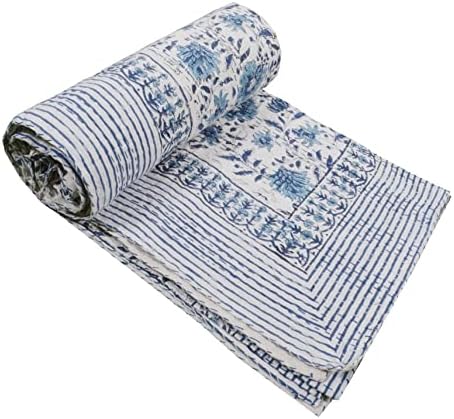 Indian Hand Block Print Kantha Quilt, Cotton Bed Cover, Twin/Queen Bedspread, Handmade Coverlet Blanket (Block 08, Queen) - Image 3