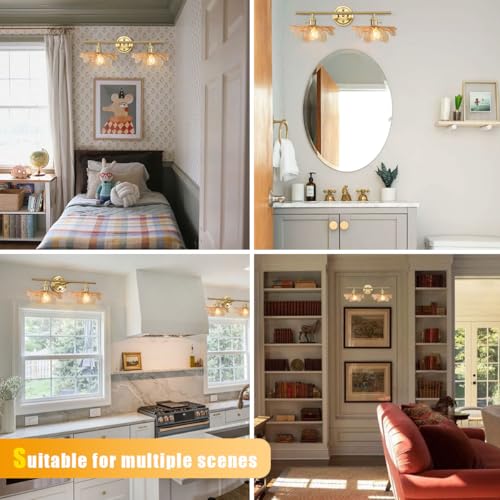 Image of Bathroom Light fixtures Vintage wall Sconce 2 Light Bathroom Vanity Light Gold Wall Sconce Lights Amber Glass Art Deco Vanity Lights Over Mirror for Bedroom Hallway Living Room