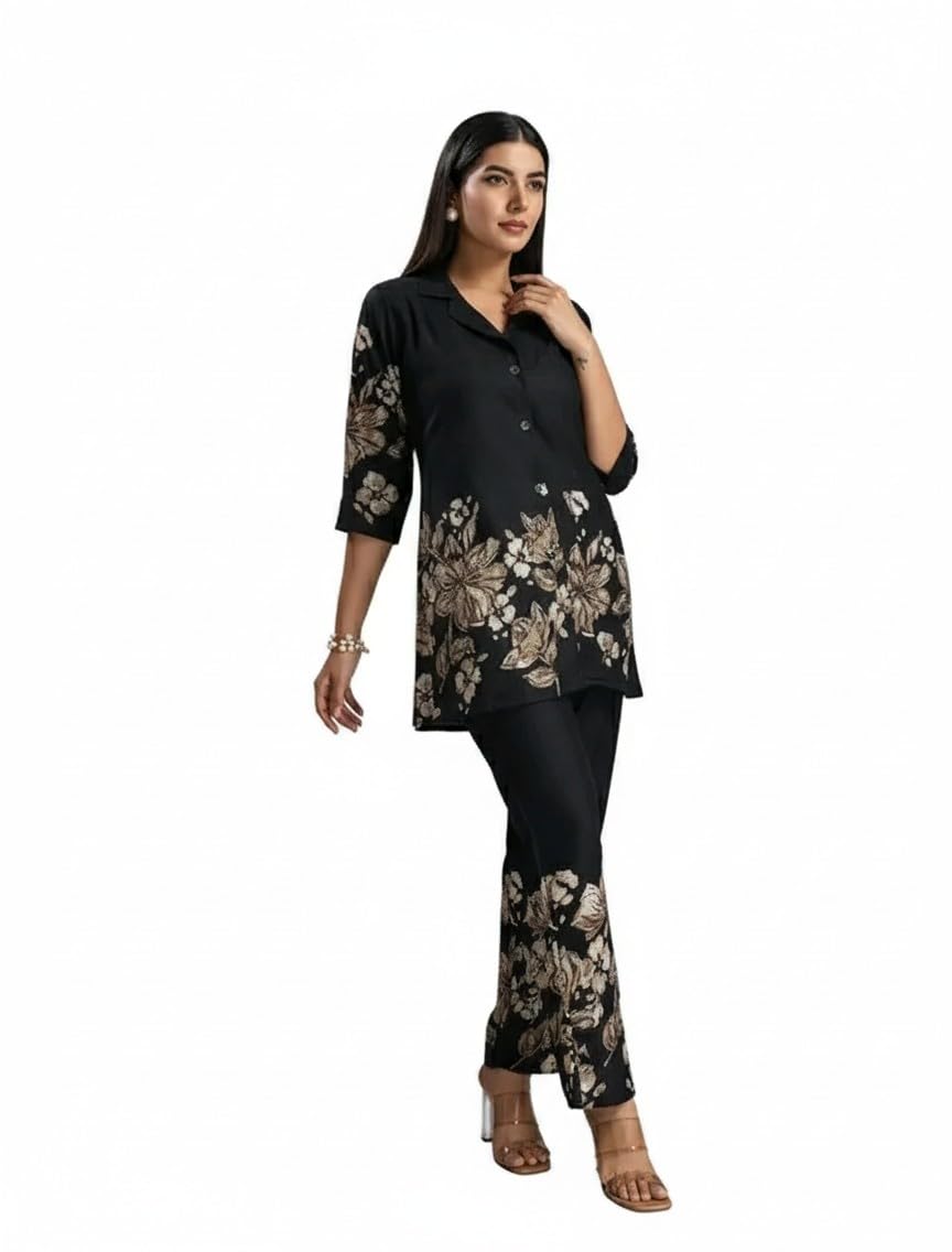 Black Floral Printed poly Rayon Cord Set with one pocket in pent,for Women-image-13