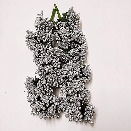 Image of Prokart Premium Pollen Flowers for Hair Accessories, Tiara Making, Jewelry Making and Dress Decoration | 5 Bunch of 12 Pollens Each | (Pack of 60 Pcs) (Silver)