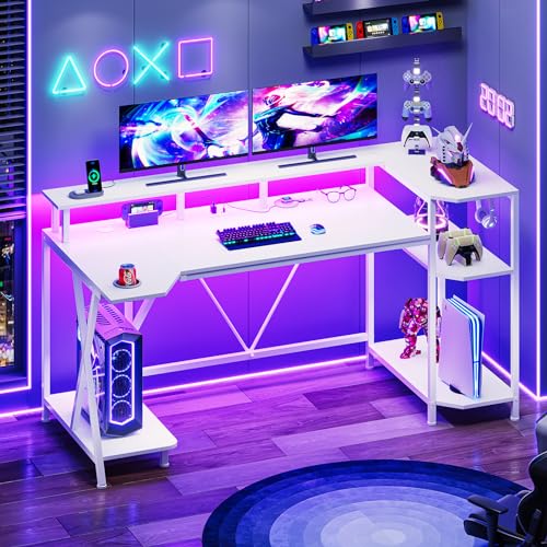 SEDETA White Gaming Desk 55'' with LED Lights and Storage Shelves, Computer Desk with Monitor Stand, Power Outlets and Cup Holder, Large PC Gamer Desk