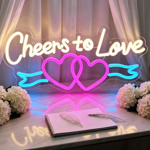 Image of Cheers to Love Valentine Neon Sign, USB Powered Neon Signs with Dimmer and Sticky Hook, Hanging LED Light Sign Decorations, Home Decor for Bedroom Wedding Party Wall 16.54 * 7.87 inch