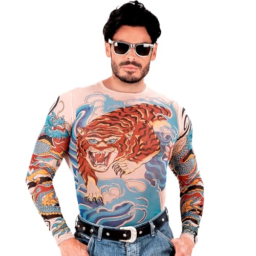 W WIDMANN MILANO Party Fashion 7122T - T-shirt de tatouage tigre et dragon, faux tatouages, bikers, rockers, gangsters, déguisements de carnaval, carnaval