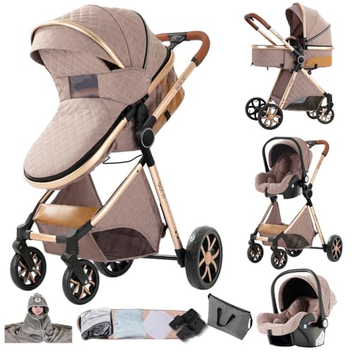 Kinderwagen 3 in 1,umkehrbarer großer Buggy und KombiKinderwagen,faltbarer,Zubehör reichhaltig(Khaki)
