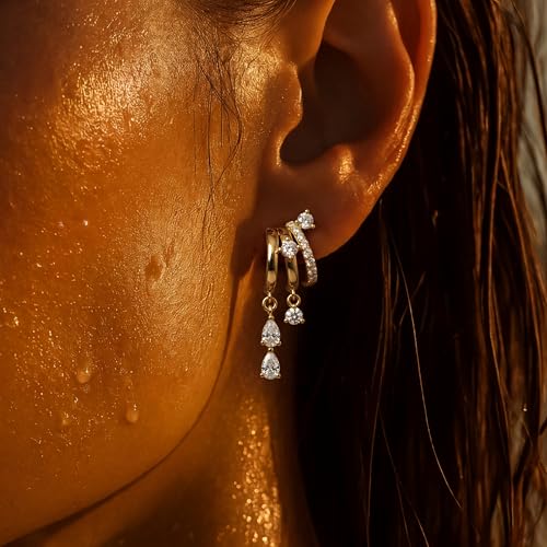 Triple Huggie Stacked Earrings for Women Gold Chain Drop Dangle Earrings Cute Statement CZ Earrings Trendy Dainty Jewelry Gift (Triple Stack Dangle/Gold, 1 PAIRS) by Hefanny - Used condition - Image 3