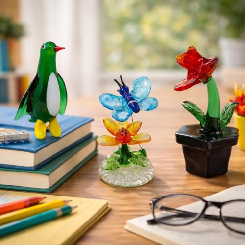 Image of HOOM Handcrafted Glass Figurines Trio - Butterfly, Flower, and Penguin | Handmade Art Glass Ornaments | Elegant Home Decor Collectibles | Set of 3 Vibrant, Multicolor Designs