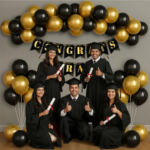 Image of Party Propz Congrats Banner - 32 Pcs Black and Golden Graduation Decoration | Decoration Items for Decorations | School Graduation Decoration's (Latex)