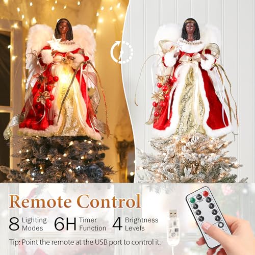 Ángel afroamericano para árbol de Navidad negro de 12 pulgadas con control remoto y luces 5