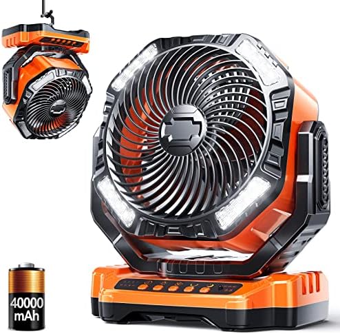 Camping LED Fan with Light, 40000mAh Rechargeable Battery Powered Outdoor Tent Fan with Light and Remote, 4 Speed, Personal USB Desk Fan for Camping, Fishing,Power Outage,Hurricane, Worksite