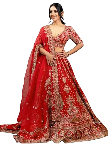 Image of TRENDMALLS Women's Satin Sequin Embroidery Bridal Lehenga Choli with Net Dupatta |Bridal Wedding Lehenga Choli for women